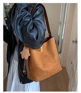 Detail of a brown suede bucket bag featuring a gold twist lock and a cute bear charm