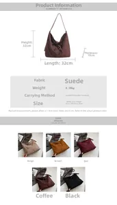 Size chart showing large vintage suede tote bag dimensions 32x32x10cm with five color options