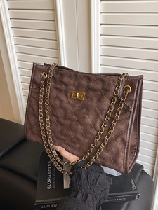 Sac Cabas en Daim Matelassé Femmes Grande Capacité Rétro Motif Losanges Sac à Épaule Avec Bandoulière Chaîne