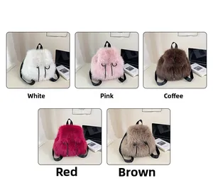 Faux fur backpacks available in white, pink, coffee, red, and brown with drawstring details