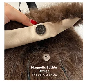 Detail showing high-quality metal magnetic clasp with engraving on a plush backpack