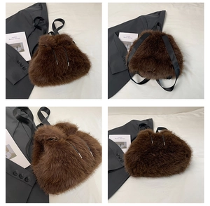 Detail shots of brown faux fur backpack showing plush texture and drawstring closure