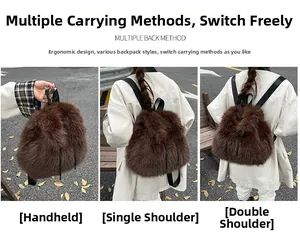 Three-way carry brown faux fur backpack showing tote, shoulder, and backpack styles
