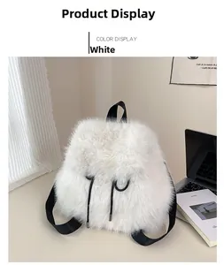 Detail of white plush backpack featuring soft faux fur texture and black nylon straps