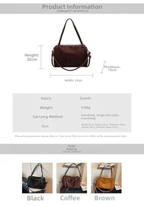 Size guide for suede Boston bag with detailed dimensions and 3 color options