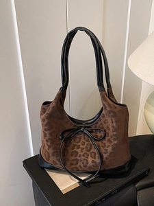 Women Leopard Print Underarm Bag Retro PU Leather Shoulder Bucket Bag With Bow Detail Large Capacity Fashion Tote Handbag