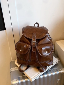 Retro dark brown large capacity faux leather travel backpack for women and students