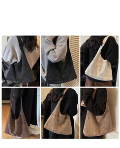 Detail shots of large laser-cut tote bags in black, beige, and khaki on a model