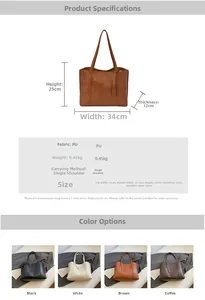 Size chart showing large capacity PU tote bag dimensions in black, white and brown colors