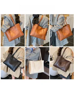 Collage of chic tote bags in caramel, white, black and brown colors shown on models