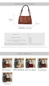 Detailed size chart and multi-color selection for vintage quilted pattern underarm bags