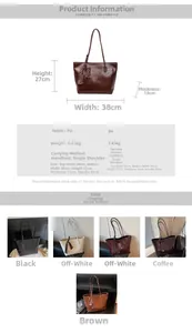 Detailed dimension guide for large vintage PU leather tote bag with silk scarf charm