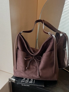 Large Capacity Suede Tote Bag for Women Retro Hobo Shoulder Bag with Bowknot Drawstring Minimalist Commuter Handbag