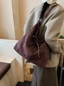 Vintage dark brown large suede tote bag with decorative bow and long shoulder straps