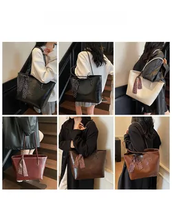 Collage of fashion tote bags with polka dot scarves shown in various colors and indoor settings