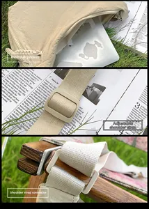 Detail of adjustable strap and large interior capacity for 13-inch laptop in beige tote bag