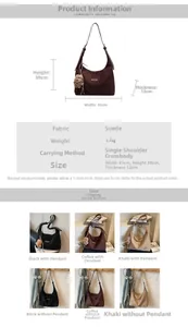 Detailed size specifications and color variants for the large suede tote bag