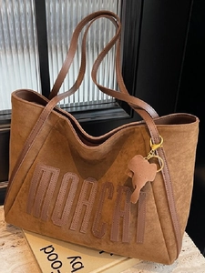 Women Vintage Suede Look PU Leather Tote Bag Large Capacity Shoulder Bag Casual Commuter Shopper Handbag With Letter Decor