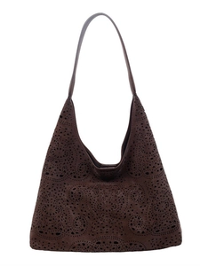 Vintage brown hollow-out tote bag with bohemian laser-cut patterns for women