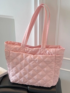 Light pink quilted nylon tote bag with rhombus pattern for women and students
