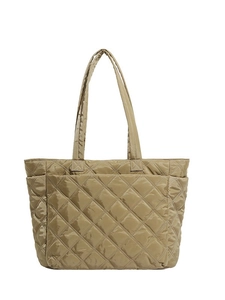Quilted khaki nylon tote bag with large capacity and elegant rhombus pattern stitching