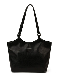 Minimalist black large capacity vintage faux leather tote bag with shoulder straps