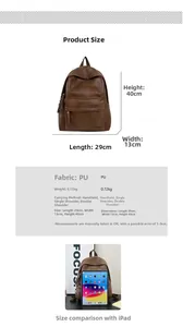 Detailed view of dark brown PU leather backpack with size 29x13x40cm and IPAD comparison