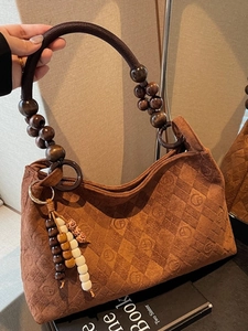 Retro PU Leather Diamond Lattice Shoulder Bag For Women Large Capacity Tote Bag With Wood Bead Handle And Tassel Pendant