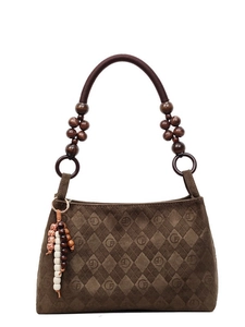 Retro brown frosted tote bag with quilted pattern and wooden bead handle decoration