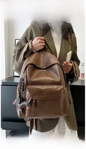 Brown vintage faux leather backpack detail with cute chocolate and dachshund charms