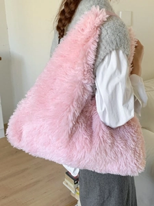 Pink plush faux fur large tote bag for women, cozy winter shoulder bag style
