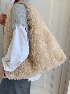 Large cream fuzzy plush tote bag for women, versatile autumn winter shoulder bag