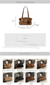 Detailed size specifications and multi-color options for suede tote bag with measurements