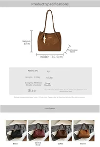 Detailed size chart and multi-color options for the large PU leather tote shoulder bag