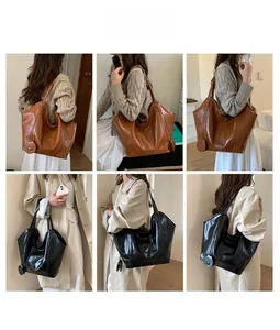 Detail shots of large tote bags in caramel brown and black on model for autumn style