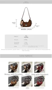 Detailed size chart and multi-color options for the vintage PU suede crescent bag