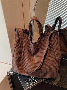 Women's Large Capacity Plaid Canvas Tote Bag Vintage Grid Pattern Shoulder Handbag Versatile Crossbody Bag Daily Travel