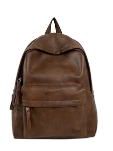 Vintage dark brown faux leather backpack with large front pocket and top handle