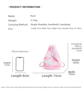 Detailed size guide and specifications for contrast color plush handbag with strap length