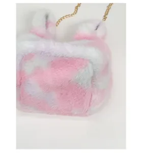 Detail view of pink and white plush bag with cute rabbit ears and gold chain strap