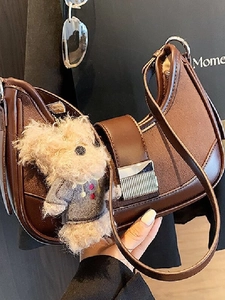 Retro PU Leather Suede Patchwork Hobo Shoulder Bag For Women With Plush Puppy Charm Half Moon Underarm Crossbody Bag