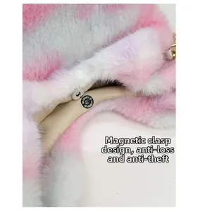 Detail of magnetic buckle closure on plush tote bag with secure magnetic button design
