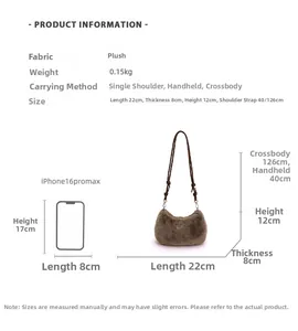 Guide des tailles de sac à main en peluche marron avec dimensions et comparaison mobile