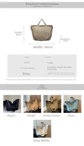 Detailed chart showing lightweight canvas tote dimensions and five vibrant color options