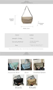 Detailed dimension chart and color options for the minimalist canvas crossbody bag