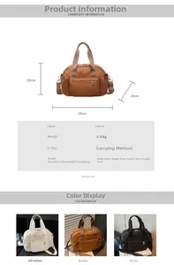 Size chart showing multi-pocket canvas bag dimensions 28x19x14cm and color options