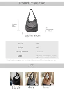 Detailed size chart for velvet tote bag showing dimensions and color options