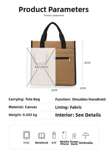 Detailed dimension chart showing a 32x30x12cm canvas tote bag with internal storage capacity