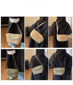 Detailed views of beige and olive green canvas crossbody bags showing versatile styling