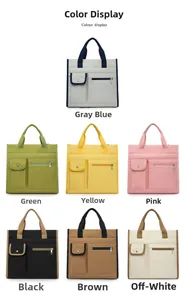 Detailed grid of canvas tote bags in seven colors with pockets and metal snap buttons